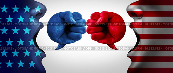 American crisis and United States debate or US social issues argument and political war as a culture conflict with two opposing sides as conservative and liberal political dispute and ideology in a 3D illustration style. Стоковое фото, агентство Ingram Publishing / Фотобанк Лори