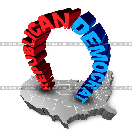 American election fight as Republican versus Democrat as two three dimensional text icons on a map of the United States fighting for the vote for presidential or government seats. Стоковое фото, агентство Ingram Publishing / Фотобанк Лори