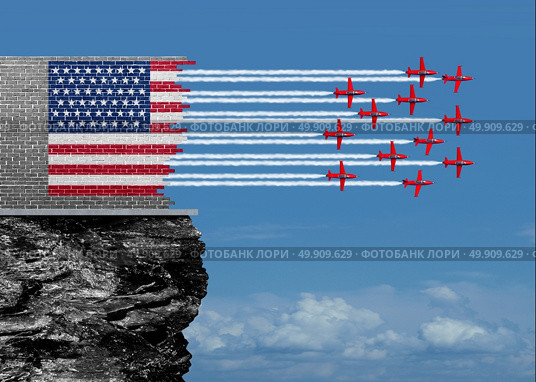 American renewal and US economic revival concept as a broken brick wall with jet airplanes completing the USA flag with air show aerobatics smoke trails as an economic confidence for future economy and financial success with 3D illustration elements. Стоковое фото, агентство Ingram Publishing / Фотобанк Лори