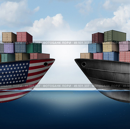 American trade war tariffs in the United states as two opposing cargo ships as an economic  taxation dispute over import and exports concept as a 3D illustration. Стоковое фото, агентство Ingram Publishing / Фотобанк Лори