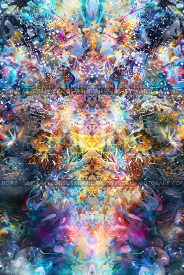 An abstract painting filled with bright colors and various shapes, creating a dynamic and visually engaging composition. Стоковое AI-изображение, AI-художник Данила Большаков / Фотобанк Лори