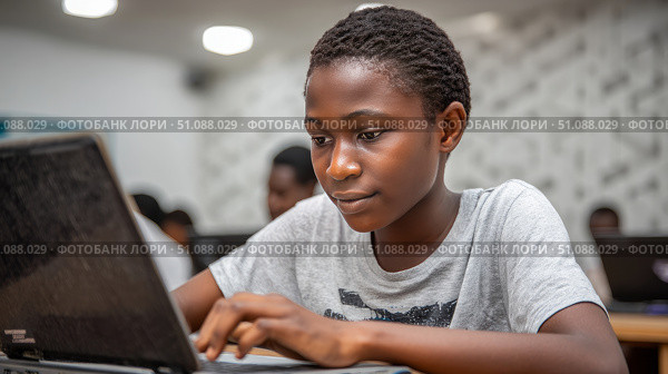 An African boy working on a school project in a tech-equipped classroom, using a laptop and educational software. Black African children from disadvantaged families study in school, read books, receive primary education, volunteer service. Стоковое AI-изображение, AI-художник ALLA YURTAYEVA / Фотобанк Лори