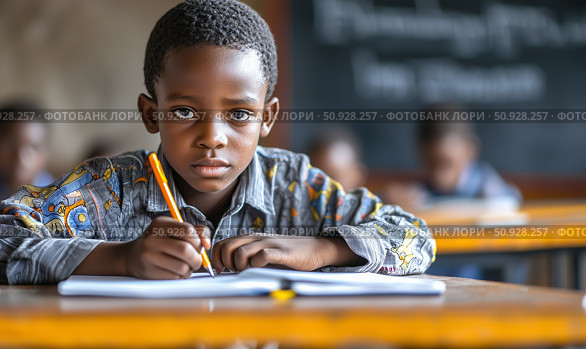 An African child writes in class.A focused young black student writes in a notebook while sitting in class, presenting education, studies, child development, and schoolwork. Стоковое AI-изображение, AI-художник Анна Чижова / Фотобанк Лори