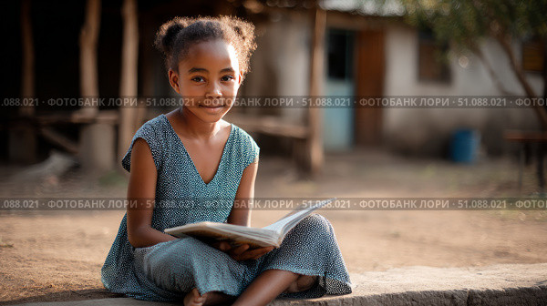 An African girl sitting on the ground, reading a book in a rural school yard, peaceful educational environment. Black African children from disadvantaged families study in school, read books, receive primary education, volunteer service. Стоковое AI-изображение, AI-художник ALLA YURTAYEVA / Фотобанк Лори