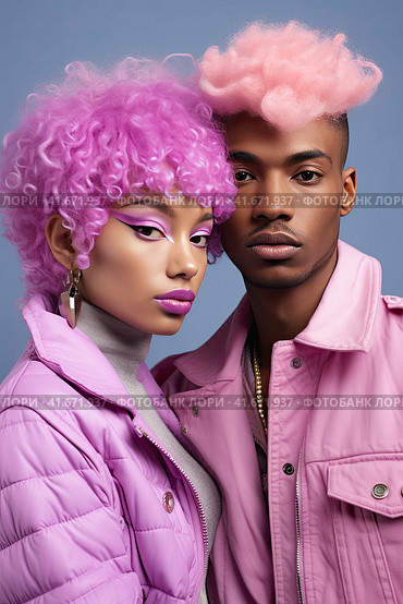 An African young couple in pink suits with an unusual hairstyle look at the camera. Generated by AI. Стоковое AI-изображение, AI-художник Ярославский Максим / Фотобанк Лори