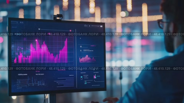 An analyst dives into market data with glowing graphs and data analysis interfaces, showcasing business intelligence and technological innovation. Стоковое AI-видео, аниматор Данила Большаков / Фотобанк Лори