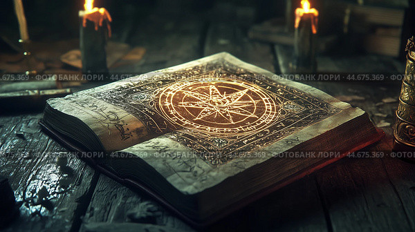 An ancient spellbook rests on a wooden table, illuminated by flickering candlelight in a dimly lit chamber. Стоковое AI-изображение, AI-художник Сергей Толмачёв / Фотобанк Лори