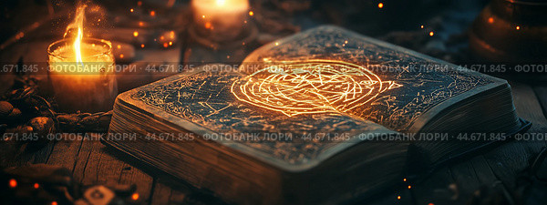 An ancient spellbook rests open on a wooden table with glowing symbols, surrounded by flickering candles and mystical artifacts at dusk. Стоковое AI-изображение, AI-художник Сергей Толмачёв / Фотобанк Лори