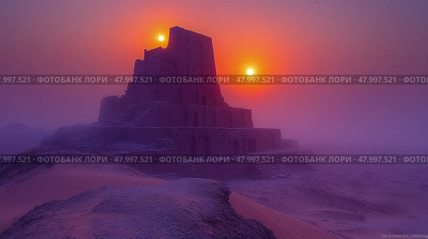 An ancient structure stands tall amidst the desert, bathed in the glow of two sunsets, shrouded in fog and mystery during twilight. Стоковое AI-изображение, AI-художник Данила Большаков / Фотобанк Лори