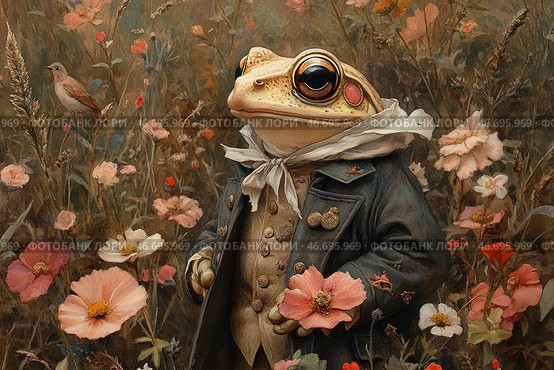An anthropomorphic frog dressed in elegant period costume in the style of the 19th century. She wears a dark tailcoat with gold buttons and decorations, as well as a cream waistcoat and a white neckerchief, gently fluttering in the wind. The frog holds a flower in its paw, and around it lies a romantic meadow filled with delicate wildflowers - poppies, daisies and other plants in warm shades of pink, white and cream. In the background, a small bird sits among the grasses, creating an atmosphere of idyllic solitude. The painting is done in the style of classical painting with soft, velvety colors and vintage texture. Стоковое AI-изображение, AI-художник Анна Кривицкая / Фотобанк Лори