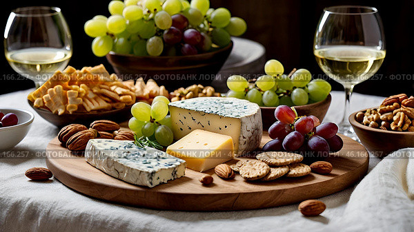 An appetizer for the guests. A cheese plate. A plate of cheese with mold, nuts, grapes and glasses of wine. Стоковое AI-изображение, AI-художник Photojuli / Фотобанк Лори