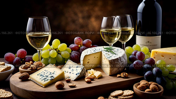 An appetizer for the guests. A cheese plate. A plate of cheese with mold, nuts, grapes and glasses of wine. Стоковое AI-изображение, AI-художник Photojuli / Фотобанк Лори