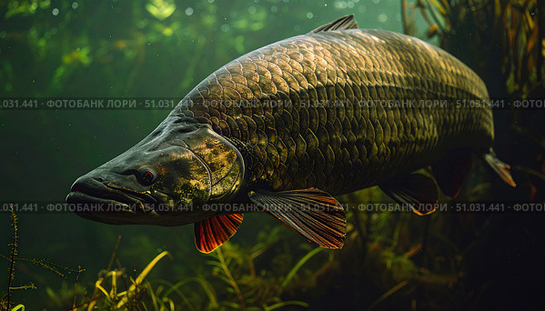 An arapaima swims through the Amazon depths reflecting themes of ancient biodiversity, ecological resilience and South American river heritage. Стоковое AI-изображение, AI-художник Igor Tichonow / Фотобанк Лори