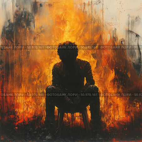 An artistic depiction of a silhouette of a man sitting on a chair surrounded by fire. The figure is immersed in deep shadow, while bright flames engulf the background, creating a powerful visual contrast. The work is done in an expressionistic manner with thick brushstrokes and texture, conveying internal tension, pain or emotional burnout. The scene symbolizes crisis, suffering, anger, loss or purification through destruction. Suitable for illustrating psychological themes, art projects, music covers, dark narratives. Стоковое AI-изображение, AI-художник Анна Кривицкая / Фотобанк Лори