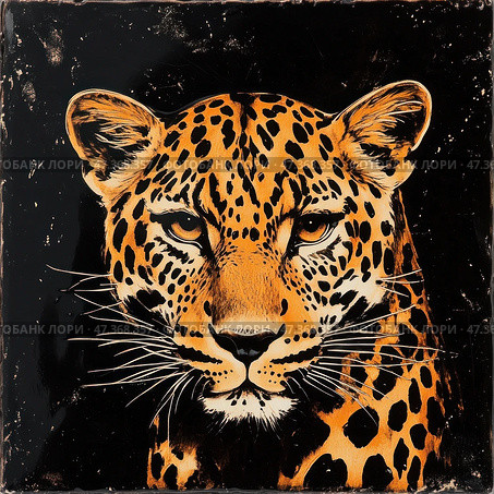 An artistic portrait of a leopard in a graphic style on a black background. The animal is depicted frontally, with an expression of strength and calm. Its golden fur with characteristic black spots stands out brightly against the background, emphasizing the wildness and grace of the predator. White whiskers, expressive eyes and symmetry of the composition give the image a powerful visual force. The overall style resembles a stencil or poster with elements of hand graphics - the image looks bold, stylish and even symbolic. Стоковое AI-изображение, AI-художник Анна Кривицкая / Фотобанк Лори