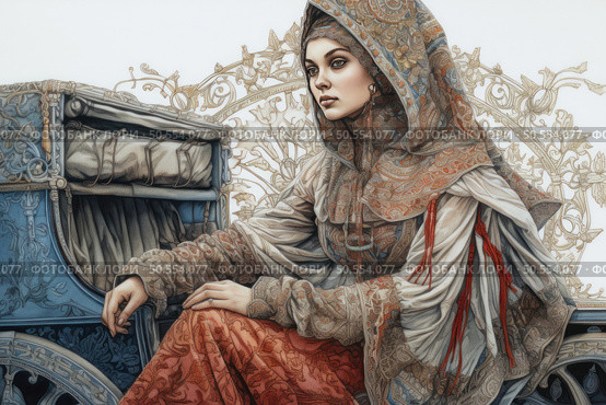 An artistic portrait of a young woman in an exquisite historical costume, executed in a decorative and ornamental style. She sits in a carved blue carriage, decorated with a rich pattern. Her clothes are a combination of textured fabrics with oriental and Slavic motifs, and a complex headdress gives the image majesty and mystery. The background is stylized as an artistic ornament, in harmony with the overall style. The image is filled with the spirit of antiquity, nobility and romance, ideal for the themes of history, ethnic fashion, culture and fantasy. Стоковое AI-изображение, AI-художник Анна Кривицкая / Фотобанк Лори