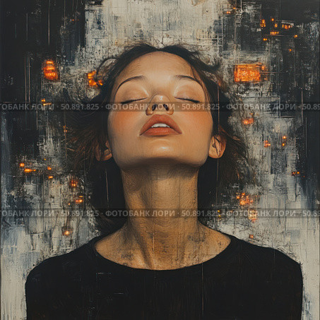 An artistic portrait of a young woman with closed eyes, painted in an expressive manner. Her face is illuminated by a soft light, her lips are slightly parted, and her head is thrown back, as if she is in a state of deep emotion, liberation or inner peace. Against the background of an abstract dark texture are bright flickering lights, reminiscent of city lights or sparks. The atmosphere of the painting combines vulnerability and strength, introversion and light within. Ideal for themes of visual art, conceptual fashion, psychological themes and emotional expressiveness. Стоковое AI-изображение, AI-художник Анна Кривицкая / Фотобанк Лори