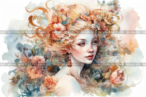 An artistic portrait of a young woman with delicate facial features, done in watercolor. Her hair is intertwined with bright flowers and decorative elements, creating a sense of a fairy-tale, almost mythical image. The color palette is soft pastel tones with a predominance of peach, blue and gold. The illustration is inspired by nature, spring and romantic motifs. Suitable for use in projects related to art, cosmetics, fairy tales, spring and women's themes. Стоковое AI-изображение, AI-художник Анна Кривицкая / Фотобанк Лори