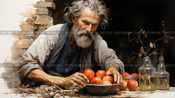 An atmospheric artistic portrait of an elderly man with gray hair and beard, depicted in a rustic setting. He sits at a rough wooden table, carefully sorting through red apples in a wooden bowl. In the background is a brick wall and a dark interior, creating a feeling of coziness and deep silence. On the table are glass bottles with tinctures and dry branches, giving the composition a touch of simplicity, rusticity and philosophical reflection on life and time. The image is made in the style of digital painting with watercolor effects. Стоковое AI-изображение, AI-художник Анна Кривицкая / Фотобанк Лори