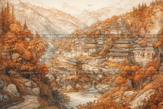 An atmospheric landscape in the oriental style, depicting a mountain village with traditional architecture, surrounded by an autumn forest. The yellow-orange range conveys the warm mood of golden autumn. Temples, pagodas and residential buildings located on the mountain slopes harmoniously fit into the natural landscape. The picture is permeated with calm, peace and a sense of eternity. Suitable for themes related to travel, Eastern culture, natural harmony and meditative states. Стоковое AI-изображение, AI-художник Анна Кривицкая / Фотобанк Лори