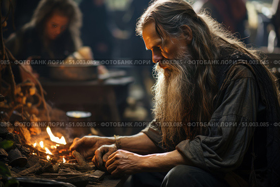 An atmospheric scene of an elderly man with long hair and a thick beard lighting a fire in a traditional village setting. His face is illuminated by the soft light of the flames, creating a sense of warmth, concentration and ancient wisdom. The frame includes wooden elements of the interior, antique dishes, a shaded background with other figures. The image conveys the spirit of antiquity, originality, artisan life and spiritual silence. Suitable for themes of history, ethnography, philosophy, solitude and folk culture. Стоковое AI-изображение, AI-художник Анна Кривицкая / Фотобанк Лори