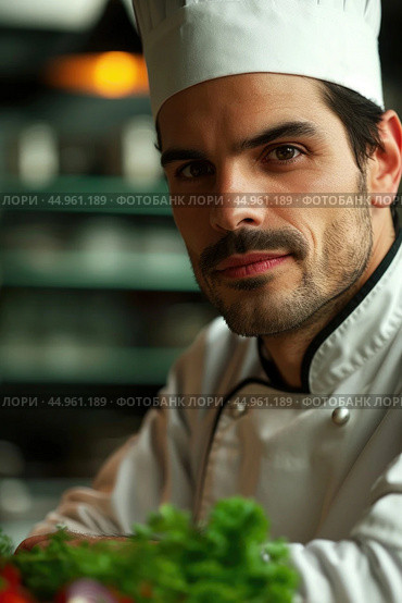 An attractive male chef, showcasing his culinary mastery and charisma. Редакционное AI-изображение, AI-художник Veniamin Kraskov / Фотобанк Лори