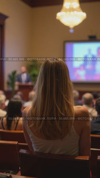 An Audience Member With Long Hair Sits Attentively, Facing a Speaker Presenting in a Well-Lit Conference Room. Стоковое AI-видео, аниматор Sergey Grishin / Фотобанк Лори