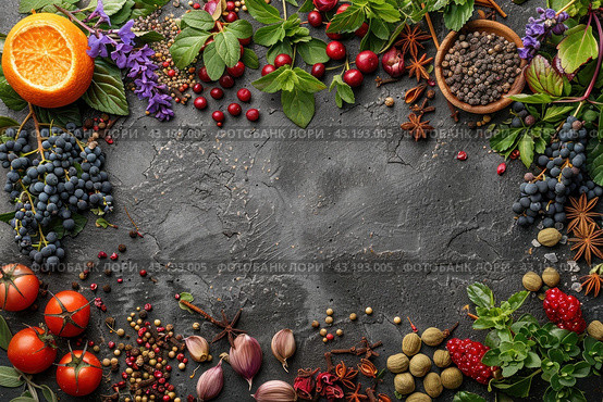 An eco-concept in which bright and varied fresh fruits, berries, vegetables and spices create a natural frame on a dark background. The focus remains on natural products that highlight the beauty and richness of nature. Стоковое AI-изображение, AI-художник Анна Кривицкая / Фотобанк Лори