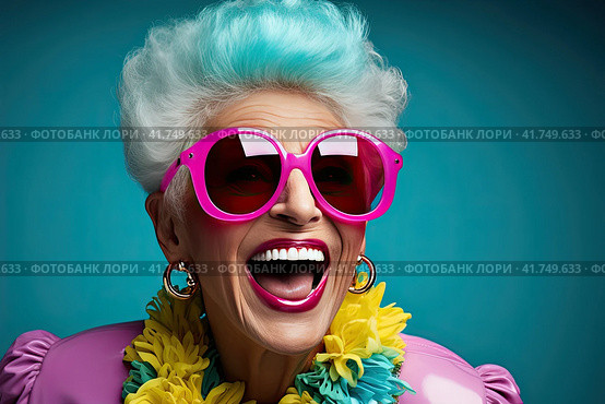 An elderly beautiful woman with bright dyed hair and sunglasses. Generated by AI. Стоковое AI-изображение, AI-художник Ярославский Максим / Фотобанк Лори