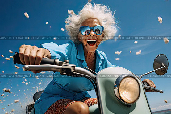 An elderly cheerful woman with gray hair rides a blue scooter and smiles. Generated by AI. Стоковое AI-изображение, AI-художник Ярославский Максим / Фотобанк Лори