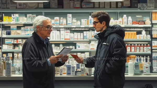 An elderly man discusses his medication needs with a young pharmacist in a well-organized pharmacy, surrounded by various products. Стоковое AI-видео, аниматор Данила Большаков / Фотобанк Лори