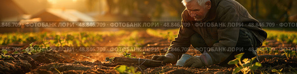 An elderly man in a brown jacket and gloves is gardening in a field, kneeling down to tend to a young plant while the sun sets in the background. Стоковое AI-изображение, AI-художник Данила Большаков / Фотобанк Лори