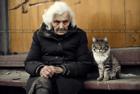 An elderly woman, a pensioner, on the street on a bench with a cat at the entrance.,  Generative AI. Стоковое AI-изображение, AI-художник Анна Кривицкая / Фотобанк Лори