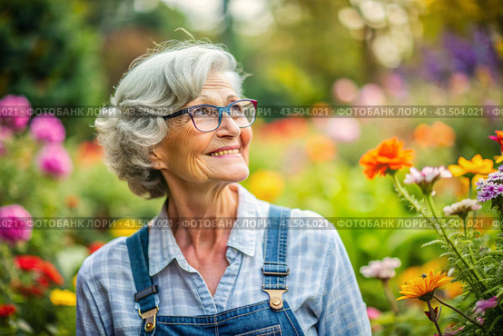 An elderly woman gardener with gray hair in overalls in a cozy flower greenhouse. The gardener takes care of the flowers. Стоковое AI-изображение, AI-художник Photojuli / Фотобанк Лори