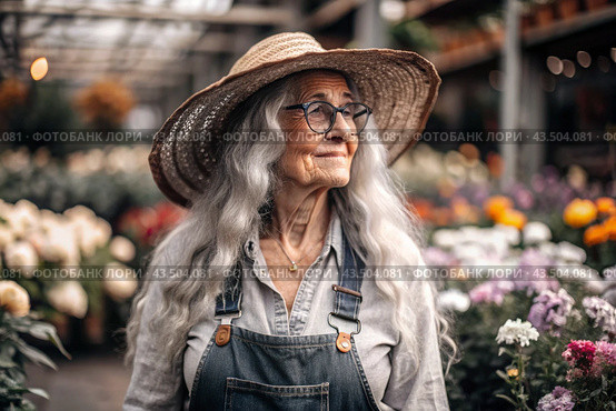 An elderly woman gardener with gray hair in overalls in a cozy flower greenhouse. The gardener takes care of the flowers. Стоковое AI-изображение, AI-художник Photojuli / Фотобанк Лори