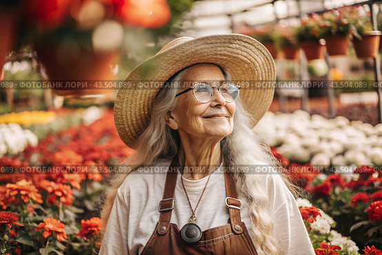An elderly woman gardener with gray hair in overalls in a cozy flower greenhouse. The gardener takes care of the flowers. Стоковое AI-изображение, AI-художник Photojuli / Фотобанк Лори