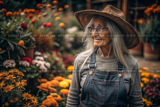 An elderly woman gardener with gray hair in overalls in a cozy flower greenhouse. The gardener takes care of the flowers. Стоковое AI-изображение, AI-художник Photojuli / Фотобанк Лори