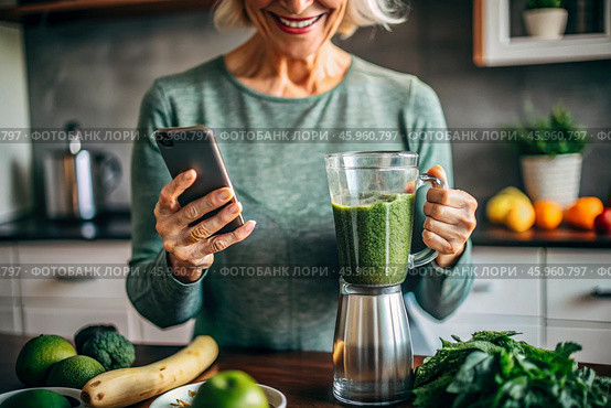 An elderly woman in the kitchen is looking at healthy food recipes on her phone and preparing a vegetable smoothie made from broccoli in a blender. Healthy detox diet drink. Стоковое AI-изображение, AI-художник Photojuli / Фотобанк Лори