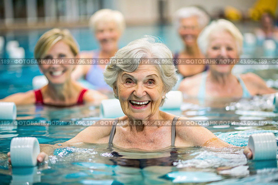 An elderly woman swims and does water aerobics in a heated pool, a happy and smiling retired woman. Recreational water sports. Стоковое AI-изображение, AI-художник Photojuli / Фотобанк Лори
