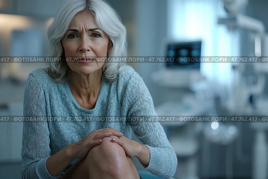 An elderly woman with grey hair wearing a light sweater is sitting in a medical office, her hand on her knee and looking at the camera with a worried expression. The background is slightly blurred, but medical equipment is visible, indicating that the scene takes place in a hospital or clinic. The lighting is cool, creating an atmosphere of seriousness and anticipation of a diagnosis or medical consultation. Suitable for themes: healthcare, diagnostics, elderly, pain, arthritis, anxiety, health care. Стоковое AI-изображение, AI-художник Анна Кривицкая / Фотобанк Лори