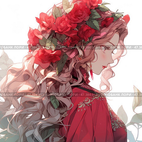 An elegant anime girl in profile, made in the style of an illustration with elements of Art Nouveau. She has long wavy hair with a pinkish tint, decorated with a large wreath of bright red roses and green leaves. The girl is dressed in a richly decorated red dress with gold thread embroidery. Her image is refined and romantic: earrings, a light blush, a gentle expression on her face - everything emphasizes femininity and grace. The light background makes the composition airy, and accents on flowers and fabric add sensuality and drama. Стоковое AI-изображение, AI-художник Анна Кривицкая / Фотобанк Лори