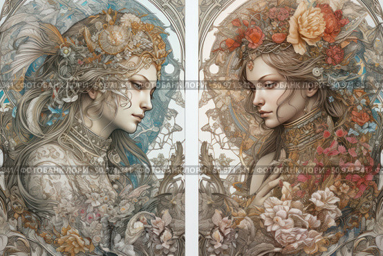 An elegant Art Nouveau diptych featuring two female portraits symbolizing opposite states of coolness and warmth, restraint and sensuality. One of the women is adorned with flowers in cool tones, the other in warm tones. Rich details, complex ornamentation, flower crown and elaborate texture create the atmosphere of a mythological fairy tale or a fiction novel. Ideal for posters, book covers, design projects and decor. Стоковое AI-изображение, AI-художник Анна Кривицкая / Фотобанк Лори