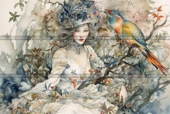 An elegant fantasy watercolor illustration depicting a graceful girl in a flower crown and an elegant dress decorated with floral patterns. She sits among tree branches, immersed in thoughtful calm. Next to her, a bright exotic bird with iridescent plumage - blue, yellow, orange - creates a harmonious contrast. The picture is permeated with lightness, airiness and a fairy-tale atmosphere. Ideal for themes of art, illustration, female beauty, nature and magic. Стоковое AI-изображение, AI-художник Анна Кривицкая / Фотобанк Лори