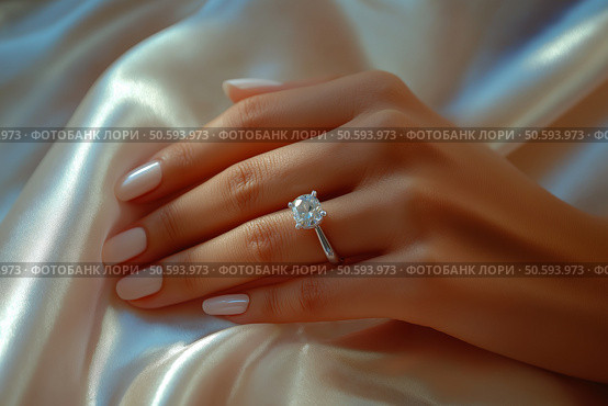 An Elegant Hand Adorned with a Sparkling Engagement Ring on Gorgeous Silk Fabric.Элегантная рука, украшенная сверкающим обручальным кольцом, на великолепной шелковой ткани. Стоковое AI-изображение, AI-художник Katsiaryna Repich / Фотобанк Лори