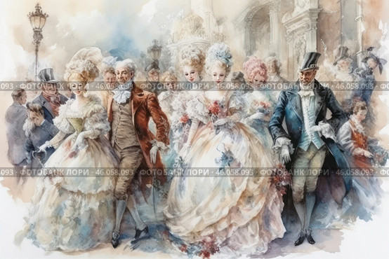 An elegant scene from the Rococo or late Baroque period. A group of aristocrats in luxurious attire walks down the street in front of a majestic building. Women in lush dresses decorated with ruffles, lace and flowers are accompanied by men in exquisite tailcoats, top hats and jabots. The painting conveys an atmosphere of celebration, solemnity and socializing, executed in a delicate watercolor technique with soft pastel shades. Стоковое AI-изображение, AI-художник Анна Кривицкая / Фотобанк Лори