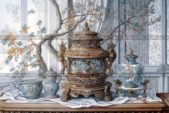 An elegant still life composition with elements of a classic interior. In the center is an exquisite antique samovar with decorative carving, surrounded by antique porcelain dishes with floral patterns. In the background is a window with a refined silhouette of branches and elegant drapery, creating a feeling of morning light. The work is made in the style of hyperrealism with shades of vintage aesthetics. Ideal for interior design, museum projects, printing and vintage collections. Стоковое AI-изображение, AI-художник Анна Кривицкая / Фотобанк Лори