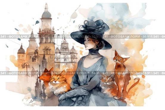 An elegant vintage-style watercolor illustration of a woman wearing a hat from the early 20th century against the backdrop of an old European city. Ginger cats nestle around her, giving the scene a warm, dreamy feel. The color palette is soft, with ochre, gray-blue, and watercolor-washed tones predominating. This composition combines retro aesthetics, a love of cats, and nostalgic romance. Стоковое AI-изображение, AI-художник Анна Кривицкая / Фотобанк Лори