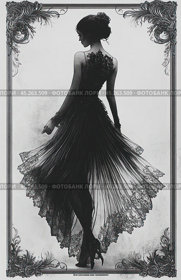 An elegant woman in a black lace dress, made in the Art Deco style. She stands in profile, with a slight tilt of her head and her hands that gracefully lift the edges of her dress. The lace on the hem and the detailing of the dress add a touch of vintage elegance. The clear black and white lines and ornamental frames along the edges create the effect of classic graphics, giving the image an antique charm. Стоковое AI-изображение, AI-художник Анна Кривицкая / Фотобанк Лори