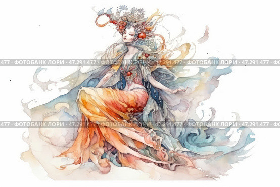 An elegant woman in a fantasy style, executed in watercolor technique. She looks like a mythological or fairytale figure, dressed in an exquisite dress, reminiscent of a mixture of water, flame and wind. Her outfit smoothly flows from one shade to another - from golden-orange tones to cold blue and gray. On her head is an exquisite headdress, decorated with branchy elements, beads and precious stones. She sits in a graceful pose, creating a feeling of ephemerality and lightness. The atmosphere of the image is airy, as if the heroine dissolves in a stream of colors and energy. Стоковое AI-изображение, AI-художник Анна Кривицкая / Фотобанк Лори