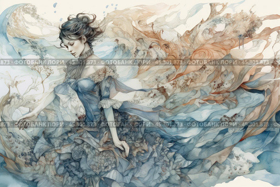 An elegant woman in a long dress made in a watercolor style. The fabric of her outfit smoothly turns into wavy patterns and abstract elements that create a sense of movement, as if the dress is dissolving in the air. The range of delicate blue, gray and sand shades gives the image a dreaminess and lightness. The composition resembles a fairy-tale and fantasy plot, where the heroine is immersed in thought and surrounded by elements of nature and air. Стоковое AI-изображение, AI-художник Анна Кривицкая / Фотобанк Лори